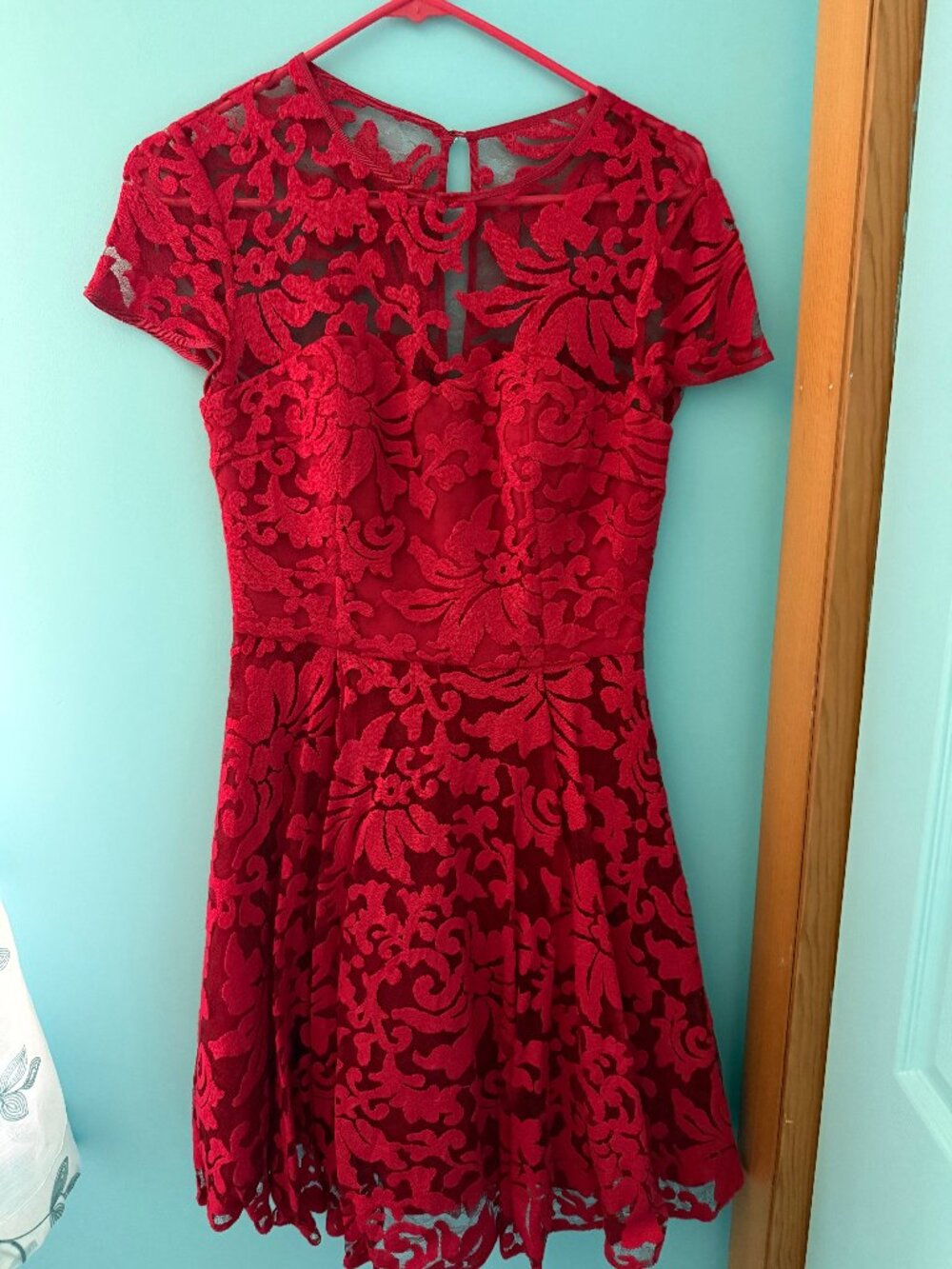 Ted Baker Red Lace Fit & Flare Dress – Elegant Sheer Detail & Scalloped Hem